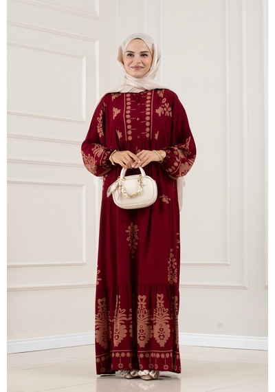Sevitli Yarım Düğmeli Robalı Nesrin Elbise-bordo-5836