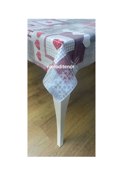 Astarlı Yazılı Bordo Puntiyeli Kalpli Pvc Muşamba Masa Örtüsü Kaymaz Gri