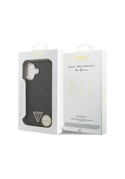 Apple Uyumlu iPhone 17 Kılıf Guess Lisanslı M-safe Şarjlı Gold Metal Kamera Çerçeveli Taşlı Üçgen Logo Siyah