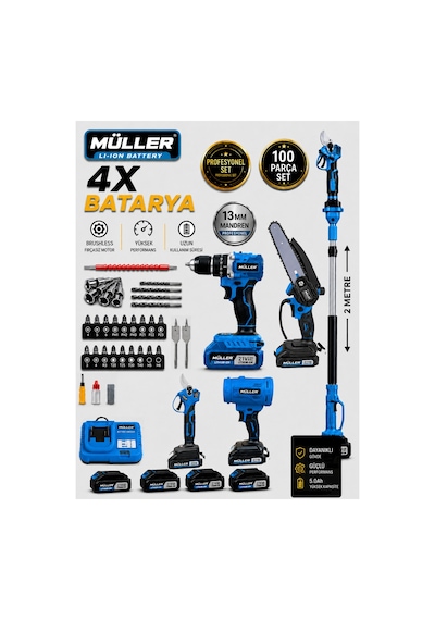 Alman Professional 5'li Set Darbeli Matkap Şarjlı Makas-testere -teleskop Ve Yaprak Üfleme 100 Pcs Set