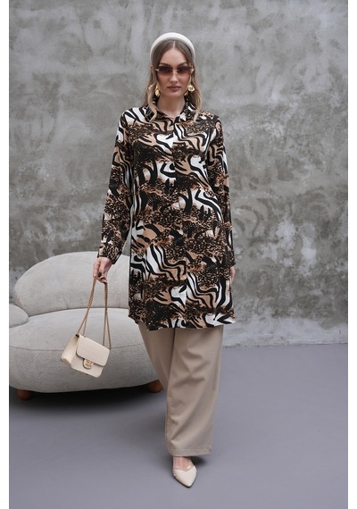 Polologin Butik Leopar Desenli Gömlek Tunik Kahverengi & Siyah & Beyaz Polologin Butik Leopar Desenli Gömlek Tunik Kahverengi & Siyah & Beyaz