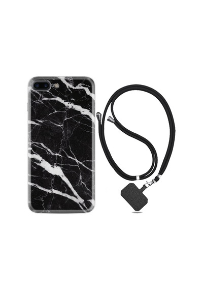Apple Uyumlu iPhone 6 6S Plus Kılıf Boyun Askılı Siyah Şerit Mermer 1318