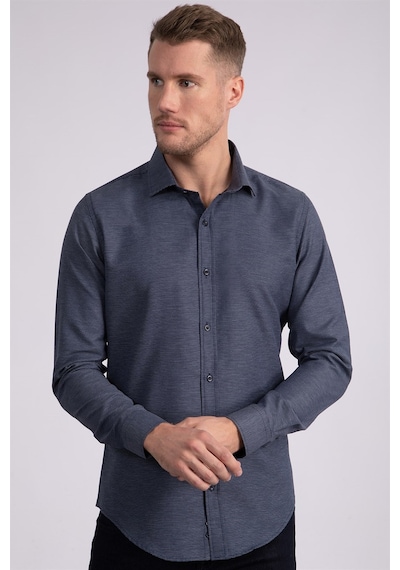 Tudors Slim Fit Dar Kesim Armürlü Erkek Gömlek-22225 Lacivert