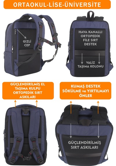 Körüklü Lacivert Okul Sırt Çantası Lise Universite Unisex Su Geçirmez Kumaş 14"-15,6" İnç Lacivert