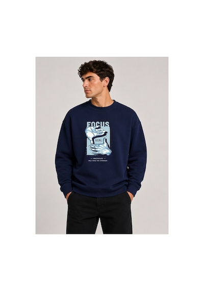 Herkesemoda Focus Baskı Detaylı Bisiklet Yaka Şardonlu 2 İplik Sweatshirt Lacivert