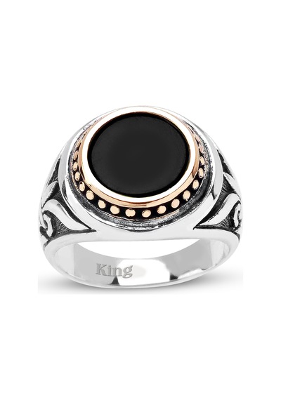 Kuyumcudukkanı Akik Renk Taşlı Üstü Bronz Parçalı Elyapımı Gümüş Erkek Yüzük-60013-w-blk 27 Beyaz