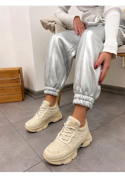 Erva'nın Butiği Bej Cilt Leo Leopar Detaylı Kadın Bağcıklı Sneakers-5201