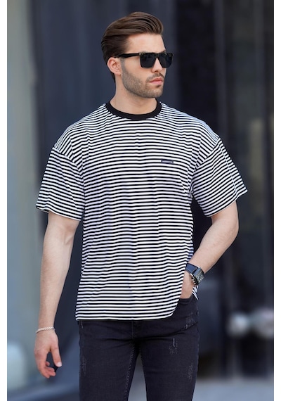 Madmext Siyah Bisiklet Yaka Çizgili Kısa Kollu Arma Detaylı Erkek T-shirt 7031