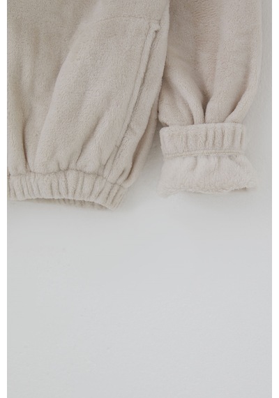 Orko Kız Çocuk Peluş Crop Hırka Beli Kolu Lastikli Fermuarlı 10-16 Yaş , Ekru