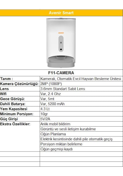 Avenir Fm-11 Wifi Kontrollu Akıllı Kameralı Ve Sesli Mama Kabı