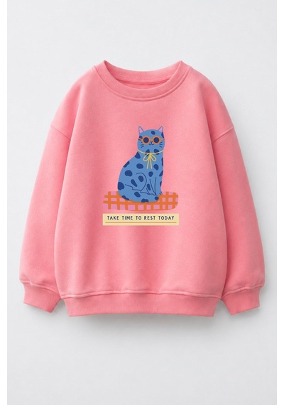 Monila Kız Çocuk 3 İplik Kumaş Pamuklu Mavi Kedi Baskılı Sweatshirt Pembe