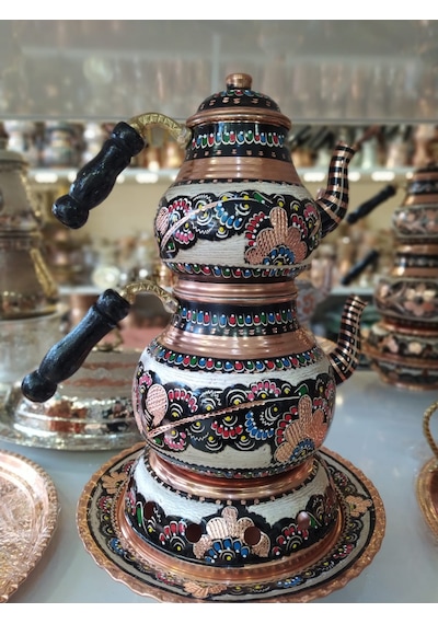 İşlemeli Bakır Çaydanlık- Osmanlı Ocaklı Bakır Demlik Takımı Mineli