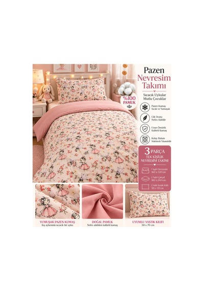 Slc Home %100 Pamuk Pazen Kız Çocuk Tek Kişlik Nevresim Takımı Pembe - 938488139 Pembe