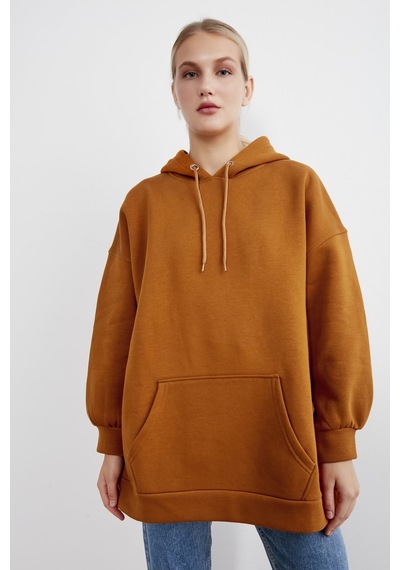 Meecy Kadın Kiremit Kapüşonlu Kanguru Cepli Sweatshirt Kiremit Kiremit