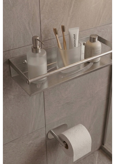 Zift Unique Paslanmaz Çelik Satine İnoks Yapışkan Montaj Banyo Rafı - Tuvalet Kağıdı Askısı Set Inox