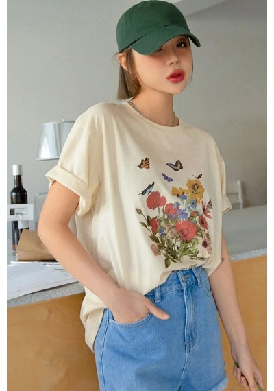Unisex Pamuklu Butterfly Flowers Ön Baskılı Tasarım Tshirt Bej