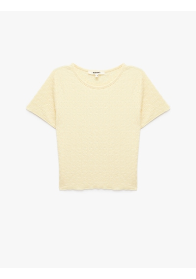 Koton Bürümcük Kumaş Dokulu Bisiklet Yaka Kısa Kollu Crop Tişört Sarı 6sak50489ek