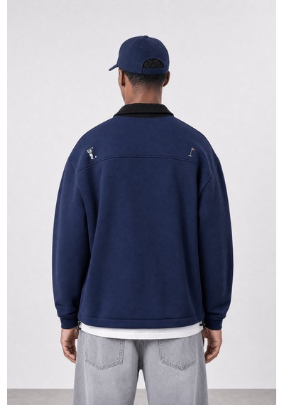 Respire Erkek Not For Everyone Nakışlı Polo Yaka Oversize Sweatshirt Lacivert