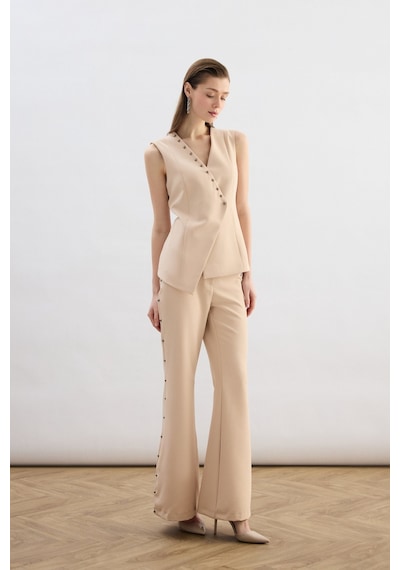 Sateen Yanları İnci Aksesuarlı Pantolon - Bej-136824 Bej