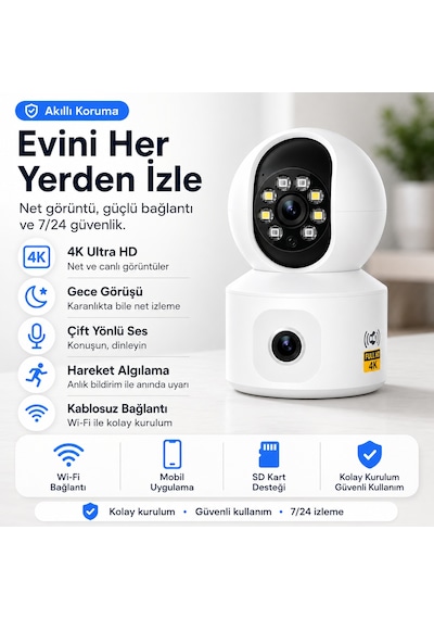 Uninet Full Hd Çift Kameralı Wifi Akıllı Kamera Gece Görüşü, Hareket Bildirimi Ve Telefonla Uzaktan Izleme Ve 355 Derece Döner Başlıklı Ptz Kamera