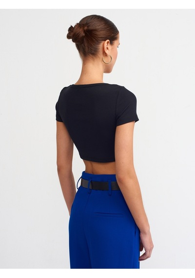 Dilvin Kısa Kollu Crop Top Siyah