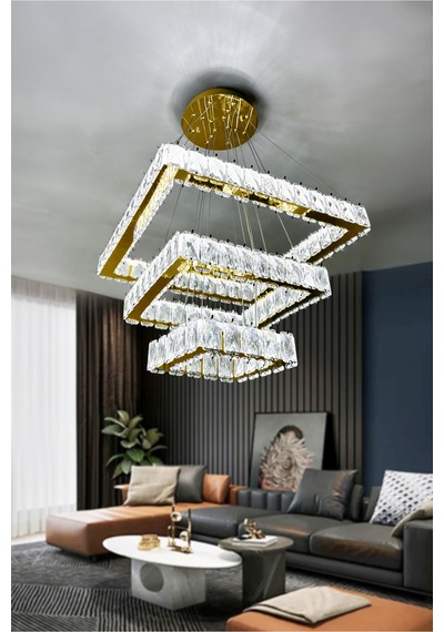 Kare 3 Kat Kristal Taşlı Modern Led Avize Salon & Oturma Odası 3 Renk Ayarlanabilir Kablo Kumandasız-gold