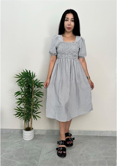 Simli Moda Çizgili Göğsü Lastikli Siyah Elbise Siyah