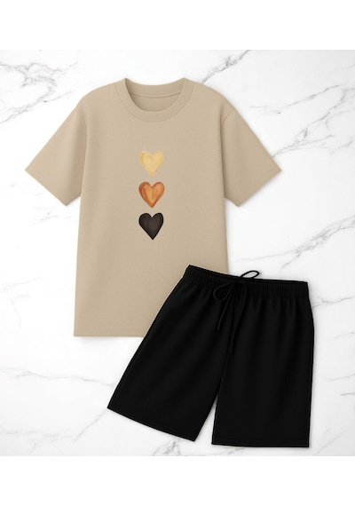 Uyguntarz Unisex 3 Kalp Baskılı Tasarım Şort Takım Bej