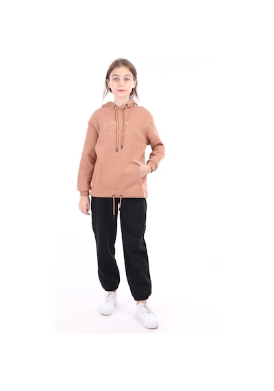 Kız Çocuk Oversize Kapüşonlu Cepli Düşük Omuz Baskılı Sweatshirt - Beli Ayarlanabilir & 3 İplik Şardonlu Kahverengi Kız Çocuk Oversize Kapüşonlu Cepli Düşük Omuz Baskılı Sweatshirt - Beli Ayarlanabilir & 3 İplik Şardonlu Kahverengi