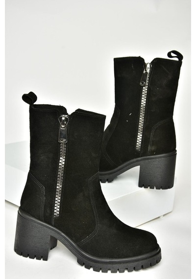 Fox Shoes T654095802 Siyah Hakiki Süet Kalın Topuklu Kadın Bot Siyah-Süet Siyah