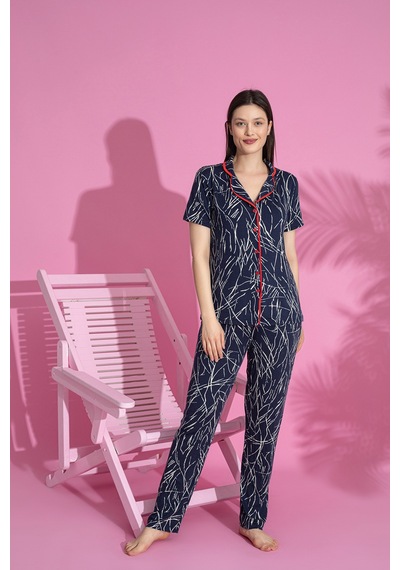 Medinenur Asimetrik Çizgi Desenli Viskon Örme Kısa Kol Düğmeli Pijama Takımı Lacivert