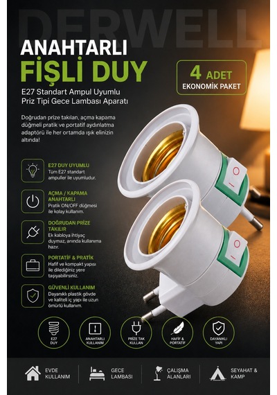 4 Adet Anahtarlı Fişli Duy E27 Standart Ampul Uyumlu Priz Tipi Gece Lambası Aparatı Doğrudan Priza Takılan Açma Kapama Düğmeli Portatif Pratik Duvar Aydınlatma Adaptörü, Beyaz Renk Ekonomik Plastik