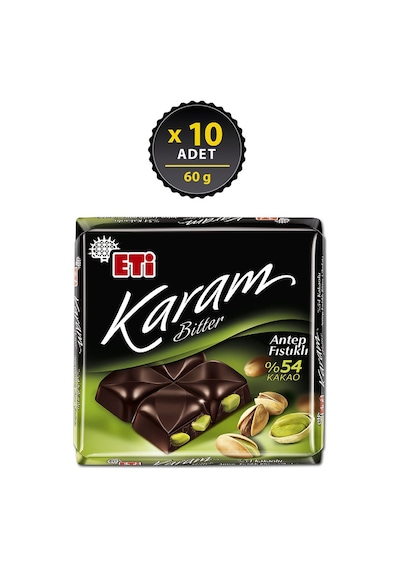 Eti Karam %54 Kakaolu Antep Fıstıklı Bitter Çikolata 10 x 60 G