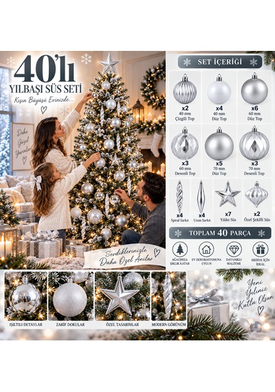 40 Parça Gümüş Yılbaşı Ağacı Süs Seti 40/60/70 Mm Toplar, Yıldız Ve Sarkıt Süsler 3 CM