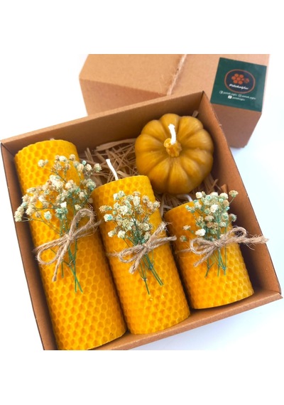 Balmumu Mum Dekoratif Hediye Kutusu 4 Lü Set Doğal Petek Beeswax Candle Bal Kabağı Krem Yeşil Çiçekli Diğer