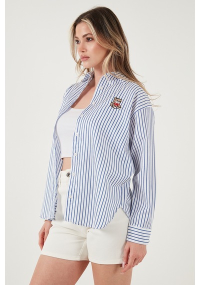 Lela Pamuk Karışımlı Regular Fit Ayıcık Işlemeli Bayan Gömlek 6773106 Beyaz-Indigo