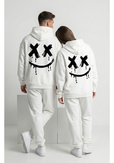 Nevermind Unisex Smile Baskılı Sevgili Kombini Oversize Hoodie Seti Beyaz