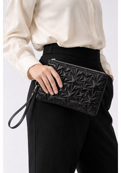 Adelina Bags Yıldız Nakış İşlemeli Portföy El Çantası Bilek Askılı Saten Astarlı Clutch Çanta Siyah