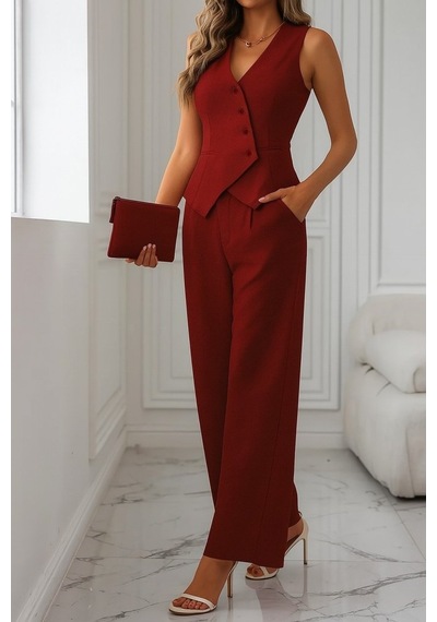 Alyn Wear Kadın Sıfır Kollu Çapraz V Yakalı Önden Düğmeli Atlas Yelek Ve Pantolon Ikili Takım Kırmızı Alyn Wear Kadın Sıfır Kollu Çapraz V Yakalı Önden Düğmeli Atlas Yelek Ve Pantolon Ikili Takım Kırmızı