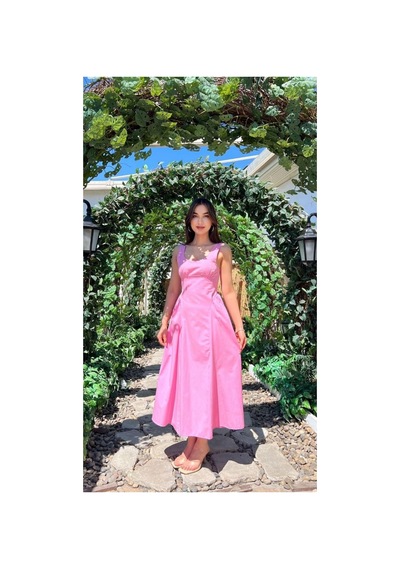 Moda Banuş Keten Pembe Askılı Bağcıklı Yazlık Elbise-dar Kalıp