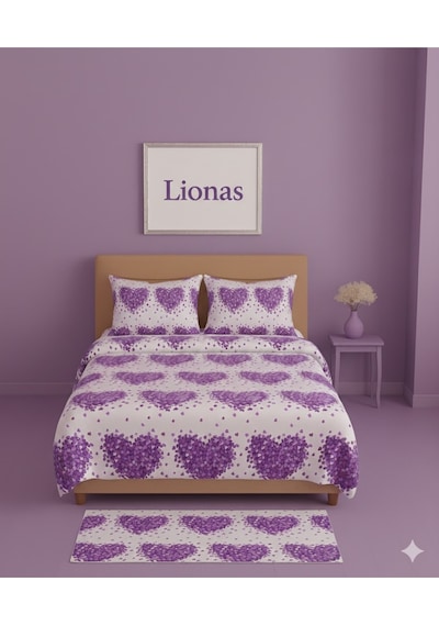 Lionas Çift Kişilik Desenli Nevresim + 2 Adet Kapaklı Yastık Kılıfı Mor