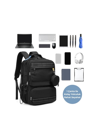 Su Geçirmez Seyahat Sırt Çantası - 17" İnç Laptop Bölmeli - Kuru Islak Ayırma Bölgesi - Ortopedik Siyah