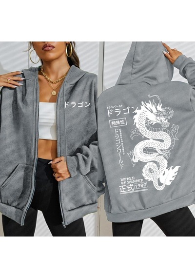 Startmore Startmoredünya Ejderha Özel 1990 Desen Kadın Fermuarlı Kapüşonlu Kıyafet Trendy Polar Hoody Rahat Sonb Gri