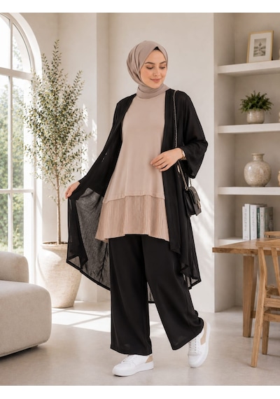 Esra Butik78 Siyah, Beyaz Ve Pudra Renk Kolsuz Altı Pileli İçlik 80 Cm