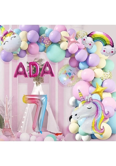 3 Harfli Yaş Seçenekli Gökkuşağı Konseptli Unicorn Temalı Makaron Balon Doğum Günü Parti Kutlama Seti 1