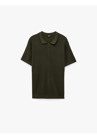 Koton Regular Fit Kısa Kollu Pamuklu Dokulu Düğmeli Polo Yaka Triko Tişört Haki 7wam70044ht