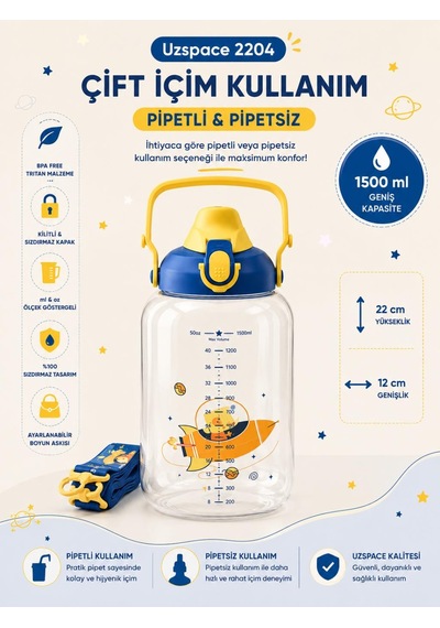 Uzspace 2204 Mavi 1500 Ml Çift İçim Ölçek Göstergeli Tritan Çocuk Su Matarası