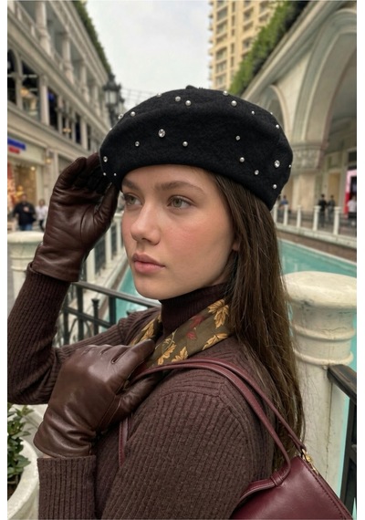 Mollycrush Kadın Siyah Pırlanta Taşlı Yün Ressam Bere Kışlık Şık Tasarım Fransız Tarzı Şapka Siyah