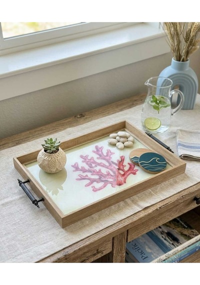 Dekoratif Ahşap Çerçeve Görünümlü Mercan Desenli Sunum Tepsisi Kahve & Çay Servis Tepsisi