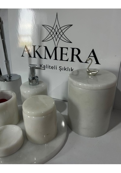 Akmera Elite 7 Parça %100 Gerçek Mermer Banyo Seti Beyaz - Gümüş